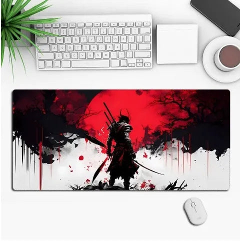Anime style gaming mouse pad desk mat with non-slip rubber base on a desk.