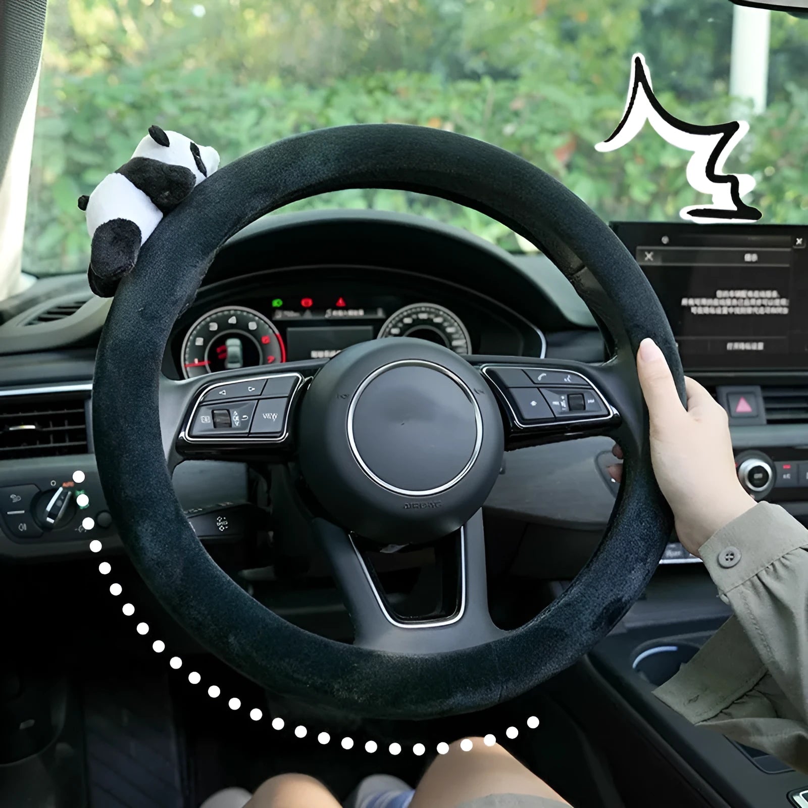 Black panda-themed steering wheel cover and matching shoulder pad for winter car use