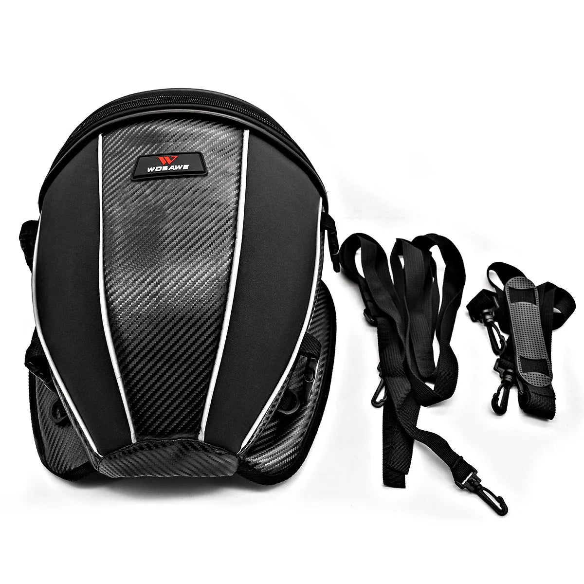 Black motorcycle seat bag with reflective strips, shown with carrying strap.