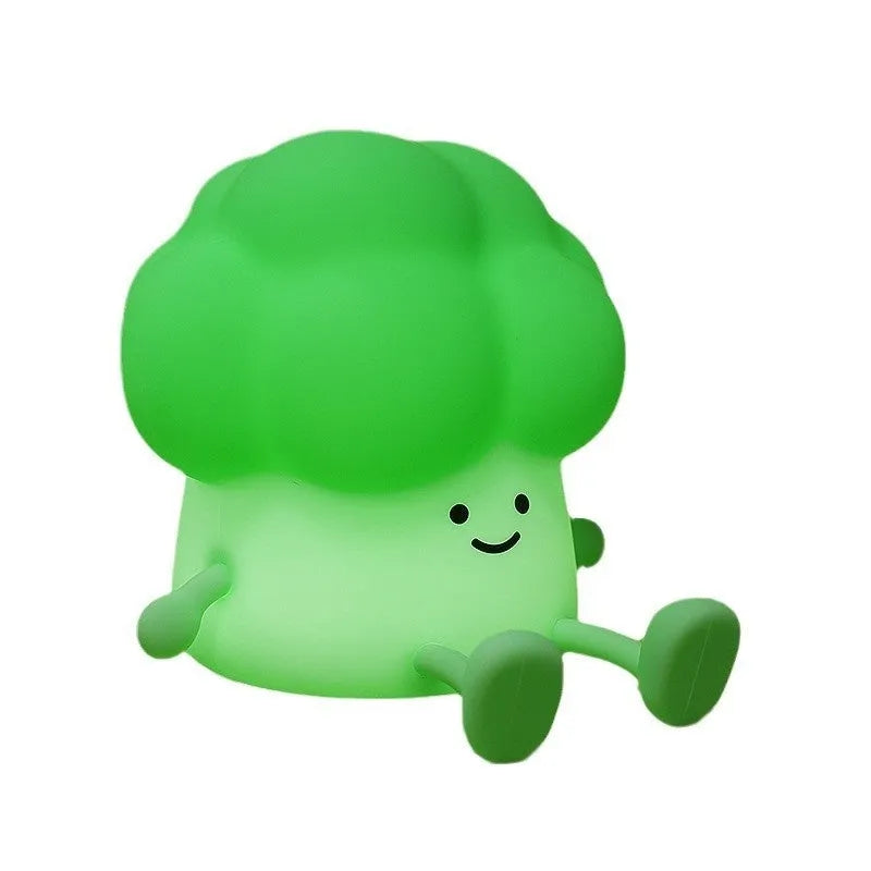 Cartoon eggplant and broccoli character night lamps with soft yellow ambience lighting