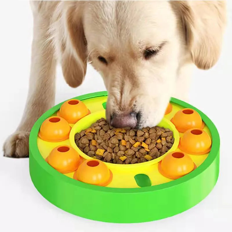 Square blue dog puzzle feeder bowl with a central column and a top turntable for interactive feeding.
