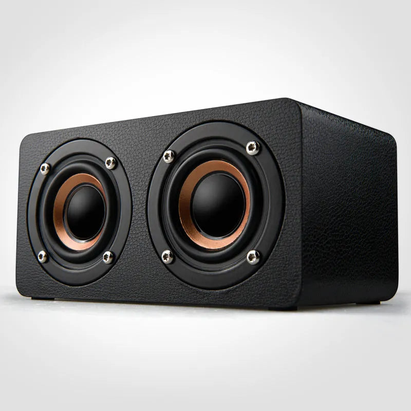 Wooden Bluetooth speaker with 8-inch subwoofer, graffiti colour, dual speakers, and compact dimensions 150x85x76mm