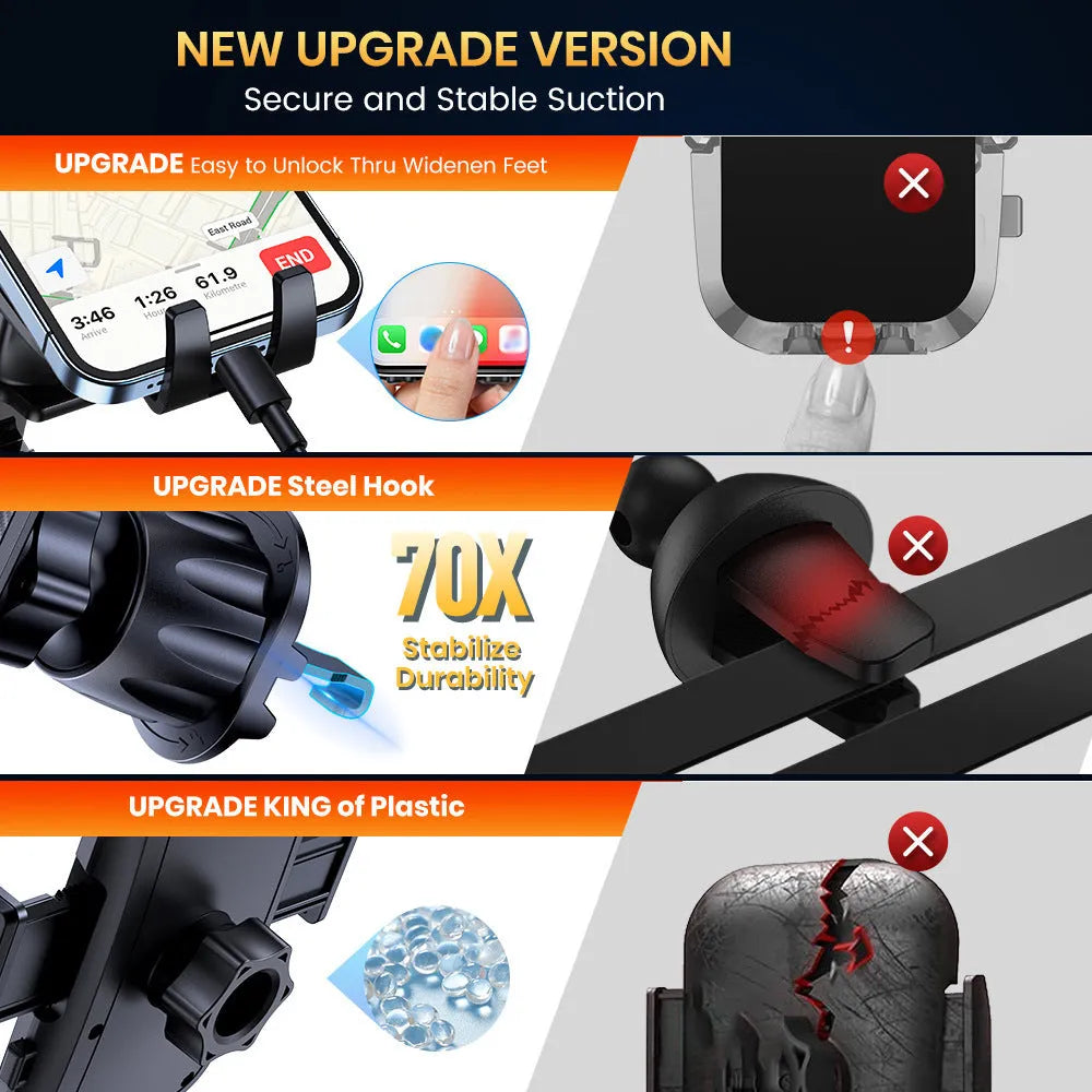Universal car phone holder showing five different mounting bracket styles for windshield, dashboard and air vent installation.