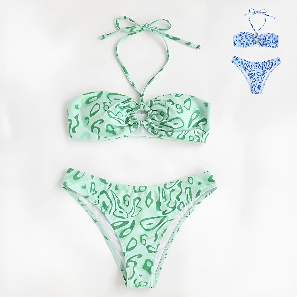 Green floral bandeau bikini split swimsuit with high elasticity polyester fabric