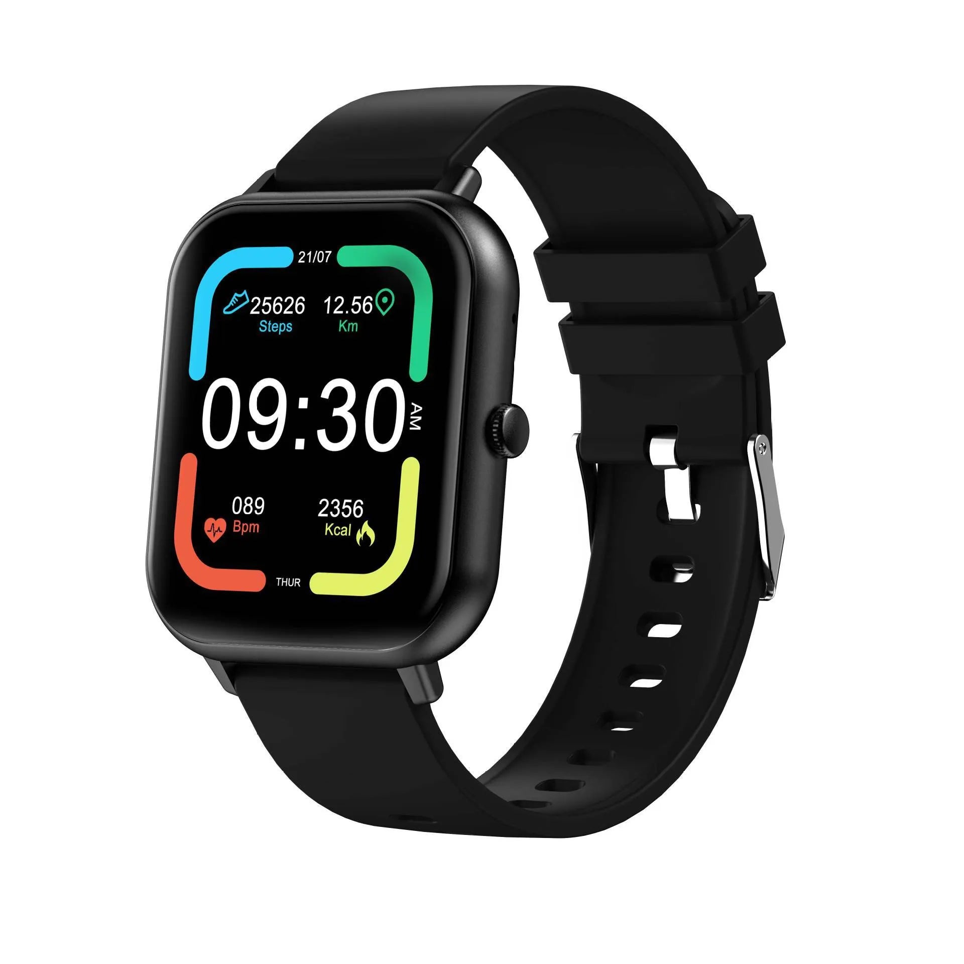 Bluetooth smart watch with heart rate monitor on wrist in black, pink, silver grey, or khaki colour.