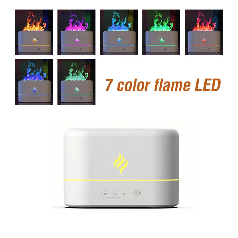 Black USB aroma diffuser with seven-colour flame LED effect and water mist.