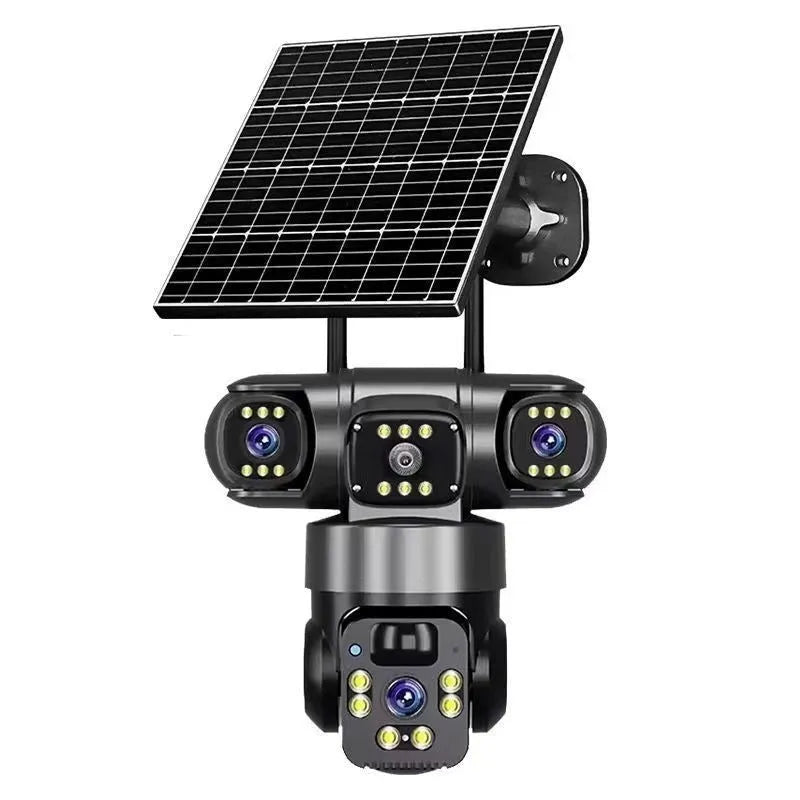 Three-lens solar PTZ security camera in black ABS housing with solar panel for outdoor full colour night vision surveillance