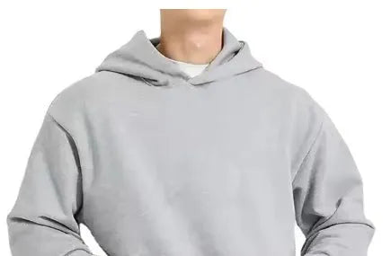 Men's solid colour fleece-lined cotton hoodie pullover shown in black, blue, grey, or red.