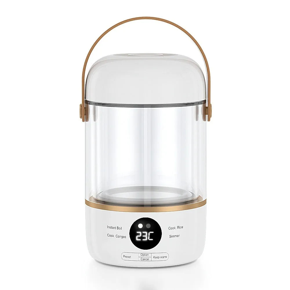Personal portable electric stew cooker with transparent glass pot and fibreglass body on a desk.
