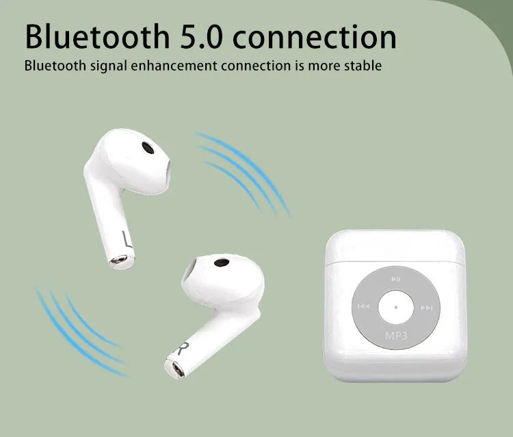 White wireless Bluetooth semi in-ear earphones with a charging case on a white background.