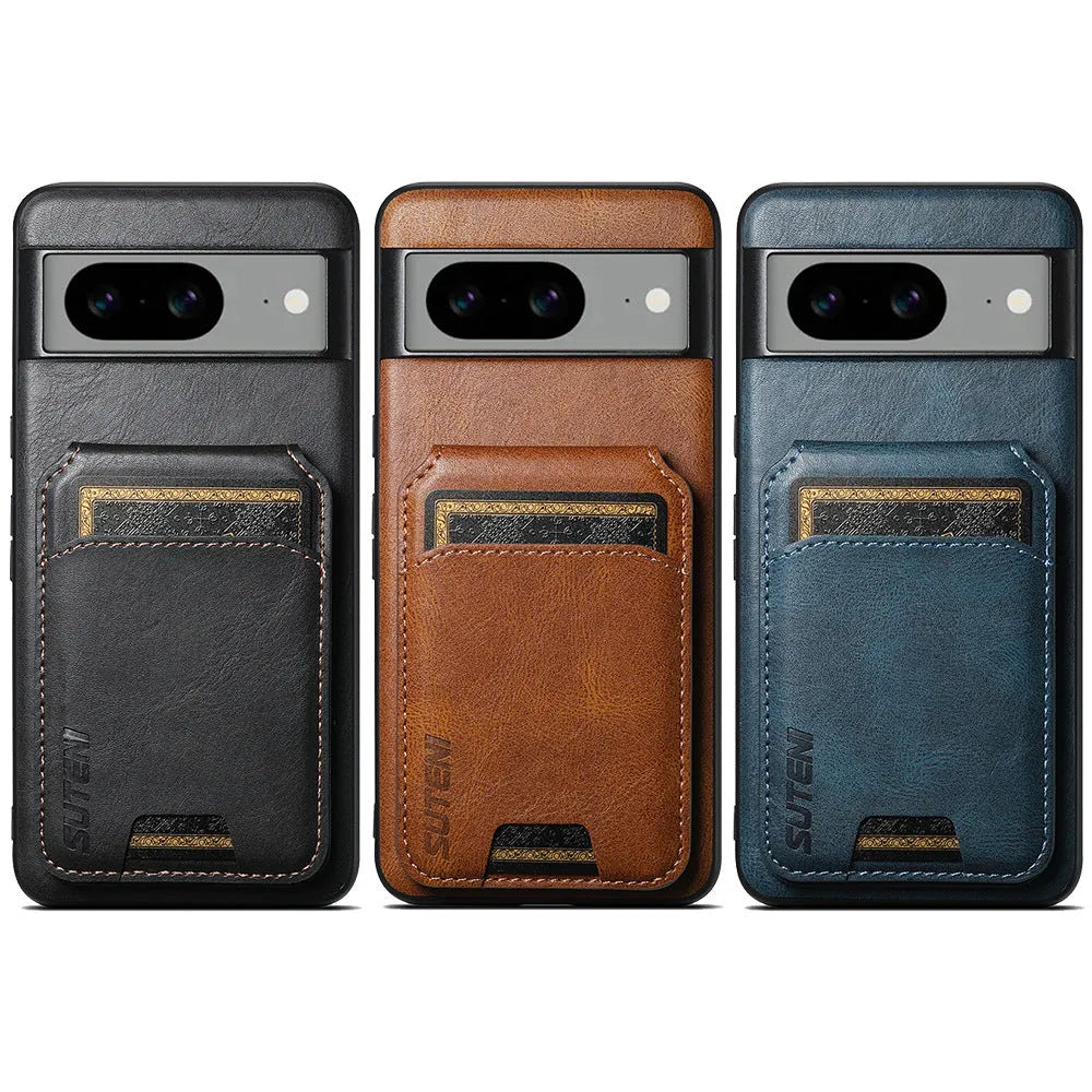 Black PU TPU leather-style back cover phone case with card slot and bracket for Samsung iPhone Google Pixel