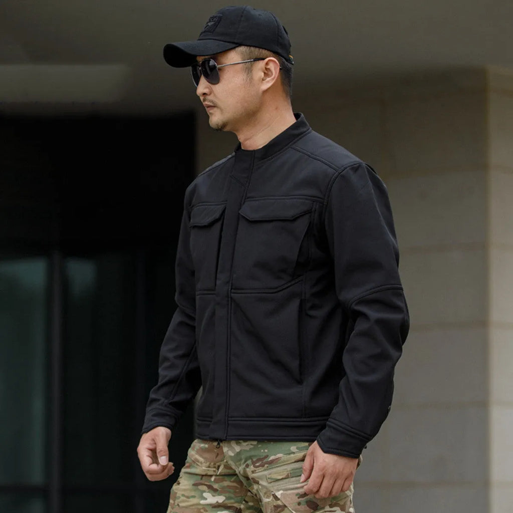 Bone Frog Peak Breaker soft shell tactical jacket in black, shown as a windproof and waterproof outdoor coat.