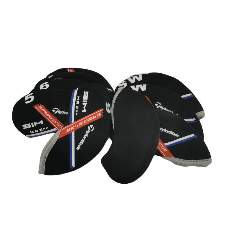 Set of 10 golf iron sleeves in diving material, available in yellow, SIM, and Carla W colours