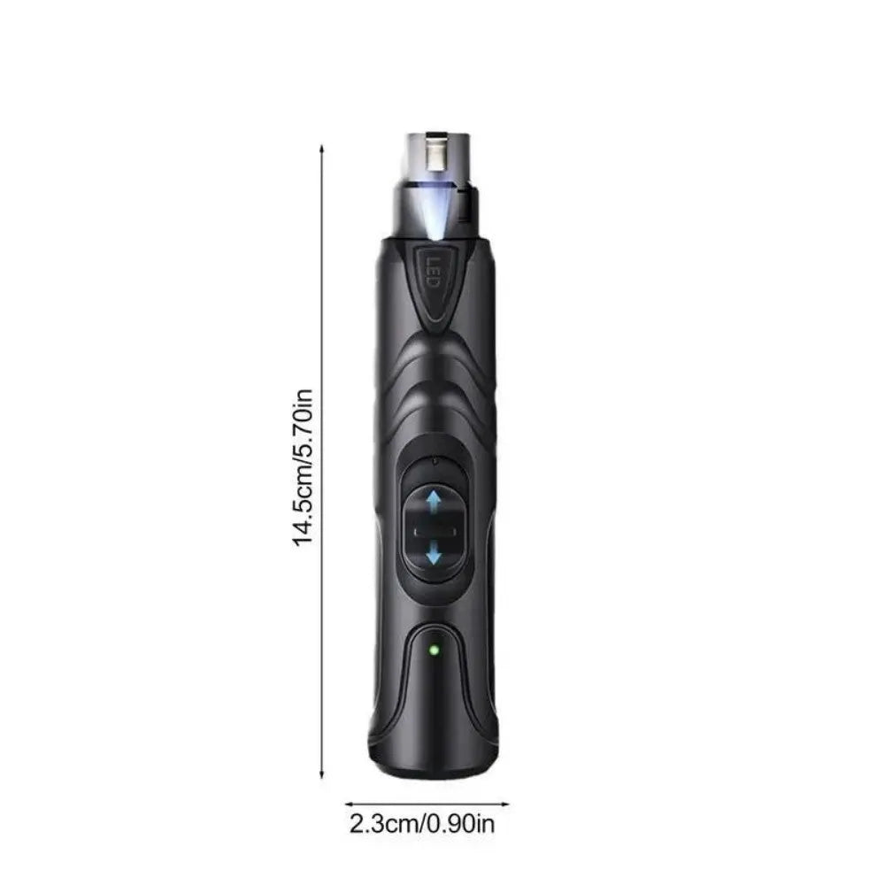 Lighted dog nail grinder with LED, two-speed rechargeable, black ABS, 14.5 cm length