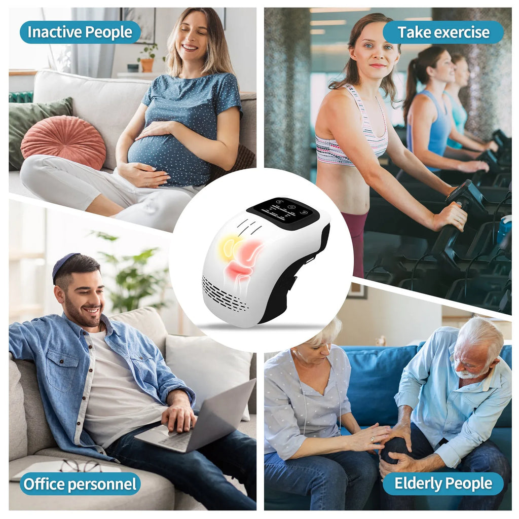 White intelligent electric knee massager with wrap-around design and USB cable