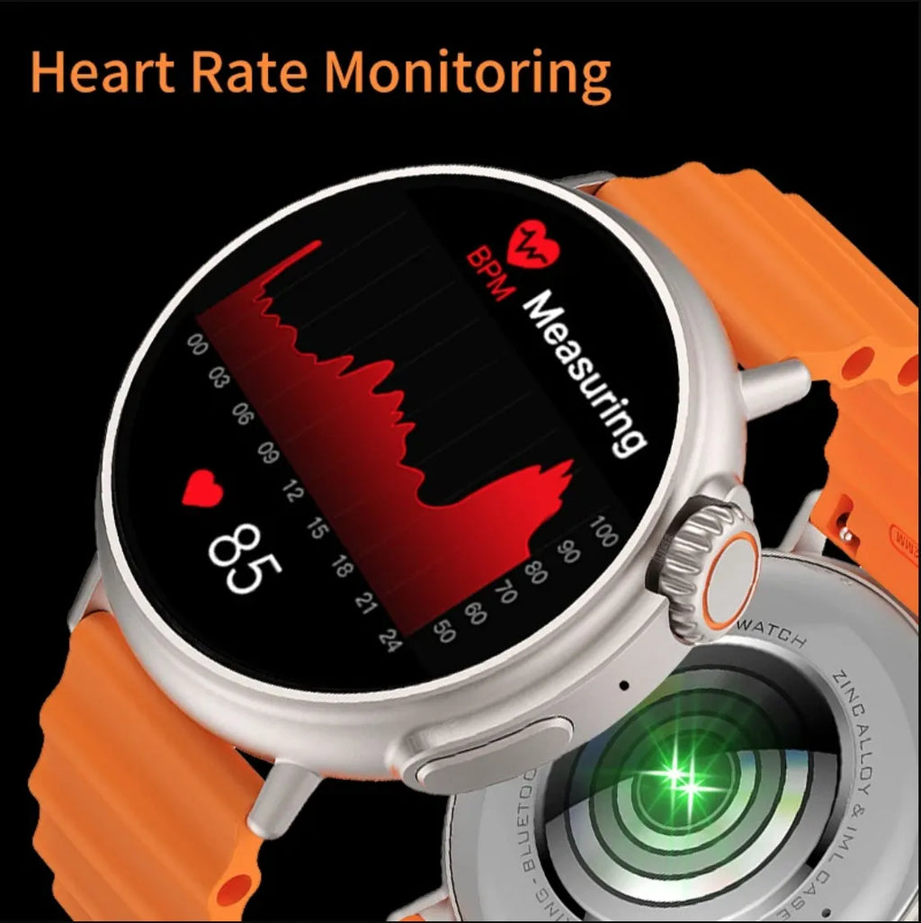 Black smart watch with round dial, 1.6-inch AMOLED screen, and silicone strap on wrist
