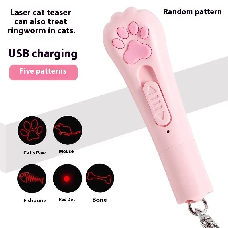 USB-rechargeable cat teasing wand toy with LED light tip and feather attachment in cream white, pink, and blue options.