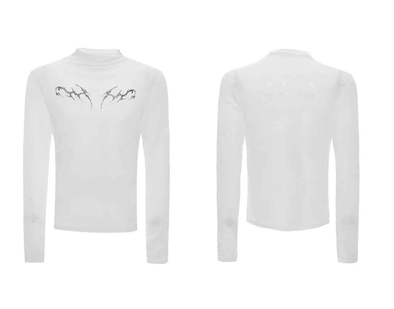 Black mesh slim-fit long sleeve bottoming shirt on a hanger, showing its lightweight texture and close cut.