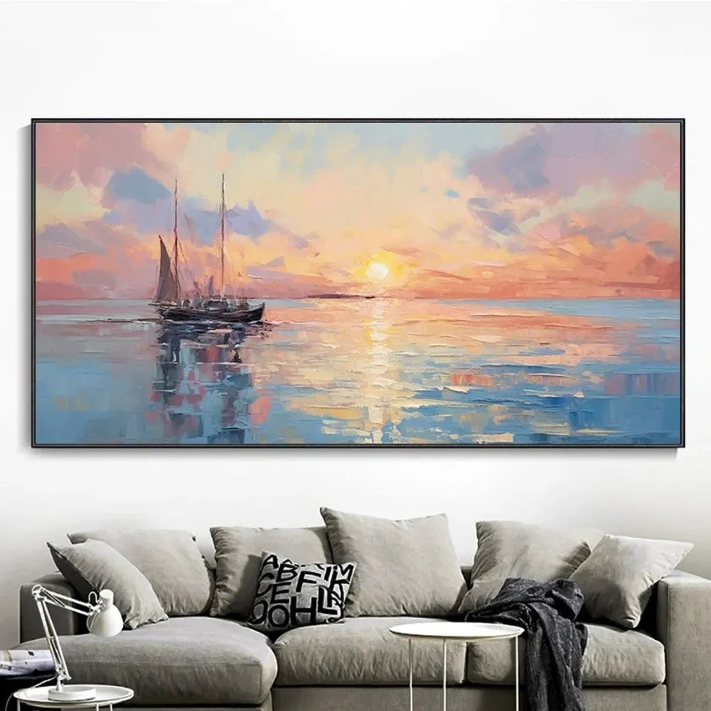 Handmade oil painting canvas wall art modern abstract sunrise over sea horizontal panoramic landscape