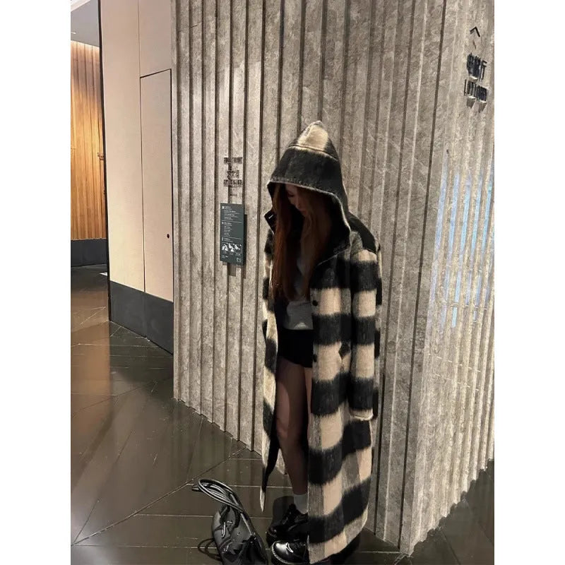 Beige black plaid mid-length loose fit women's woolen coat on hanger, size L to 4XL available