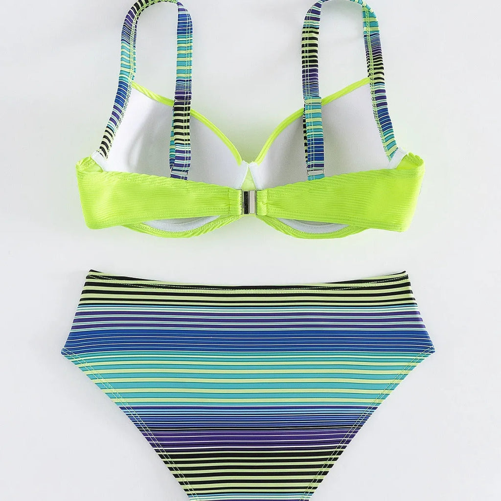 Green printed halter bikini with fashion split design for women