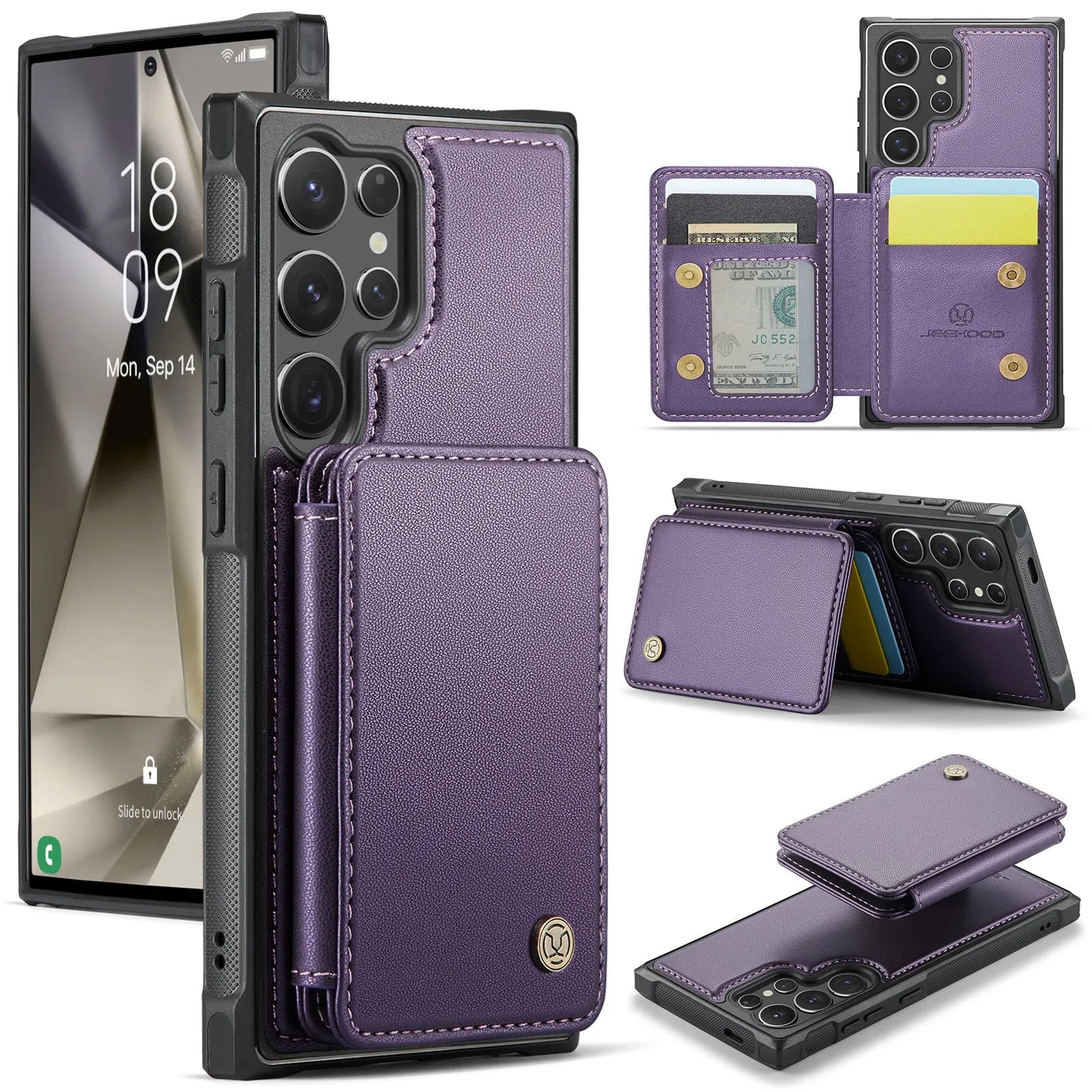 Magnetic card phone case for Samsung in black with drop-resistant imitation leather wallet style