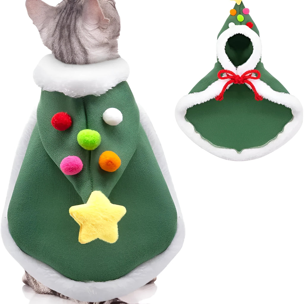 Cat Christmas cape with velvet stars hat in green, adjustable ties, side view on a cat
