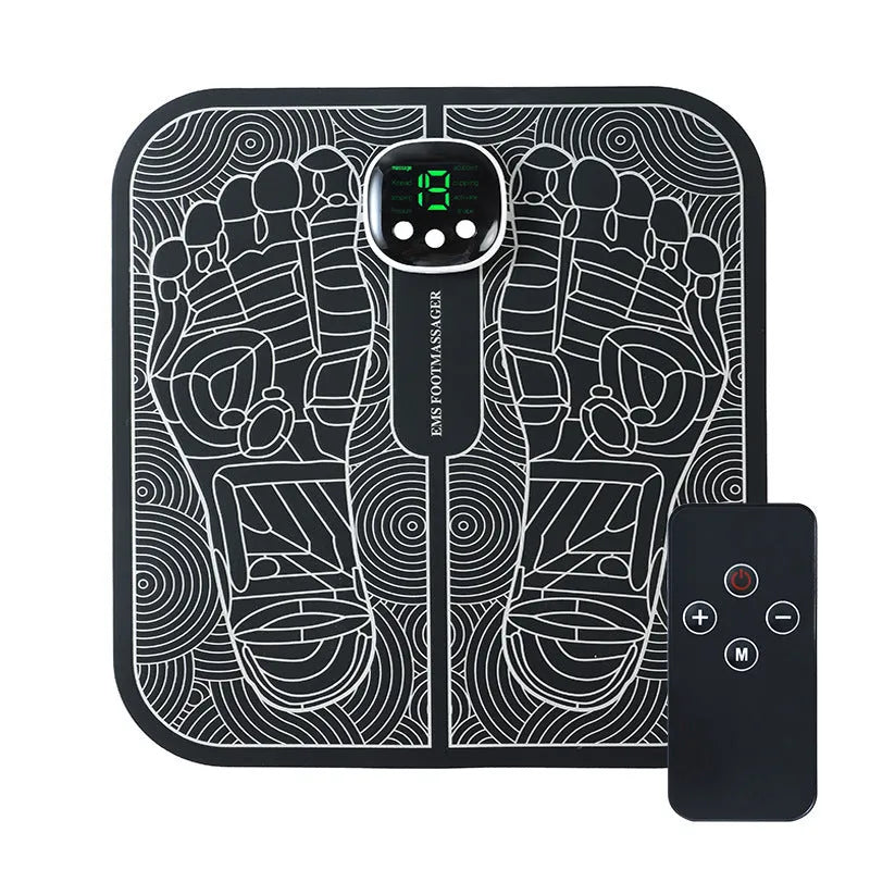 Blue and orange reflexology foot massager mat with USB charging cable and remote control