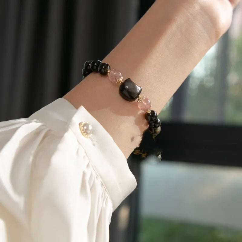 Black obsidian bracelet with 8mm beads and kitty charms in single circle design