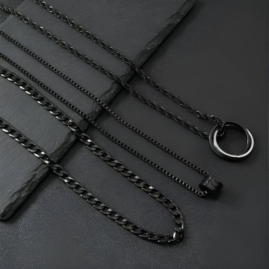 Men's black stainless steel necklace with titanium steel cylindrical ring buckle pendant, three-piece set.