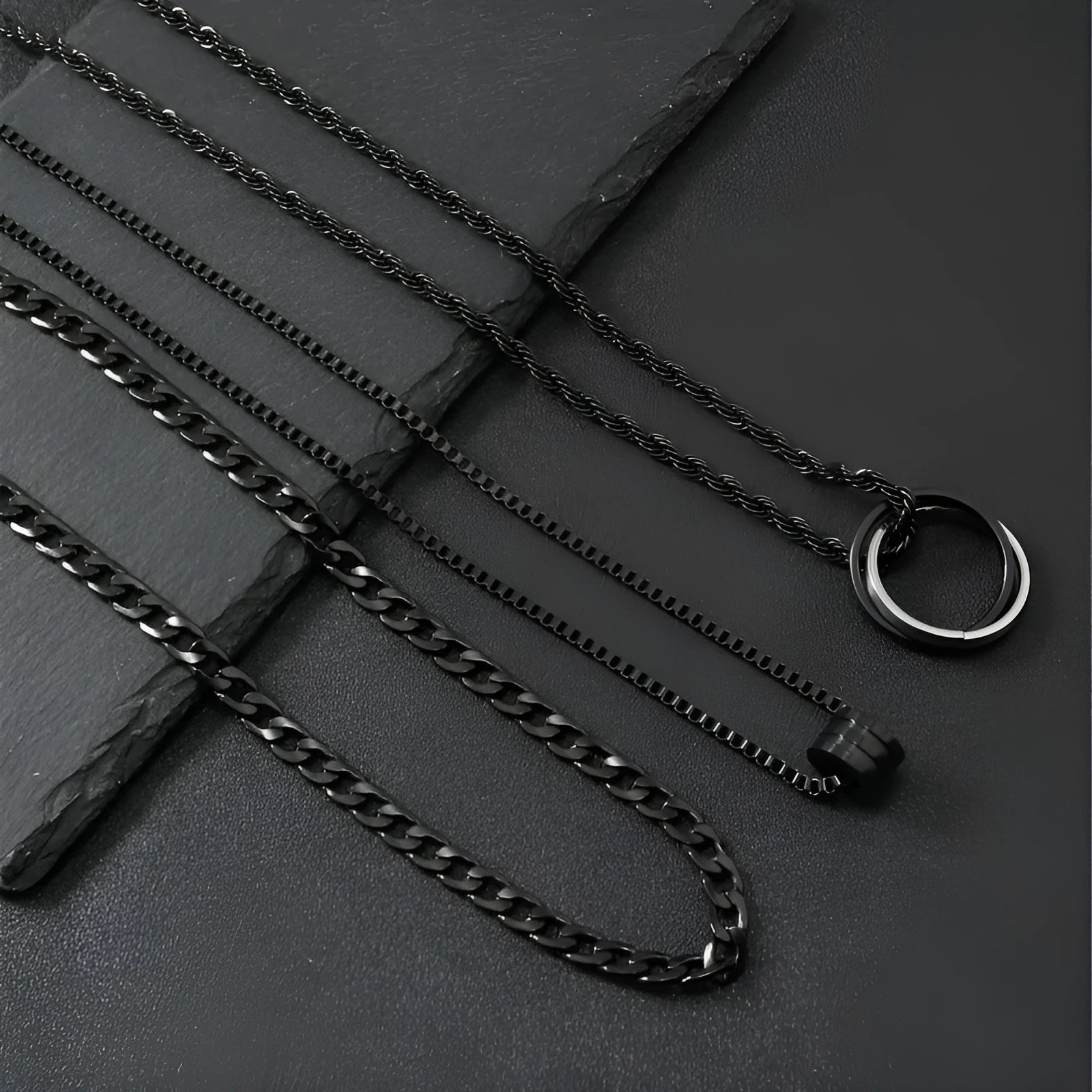 Men's black stainless steel necklace with titanium steel cylindrical ring buckle pendant, three-piece set.