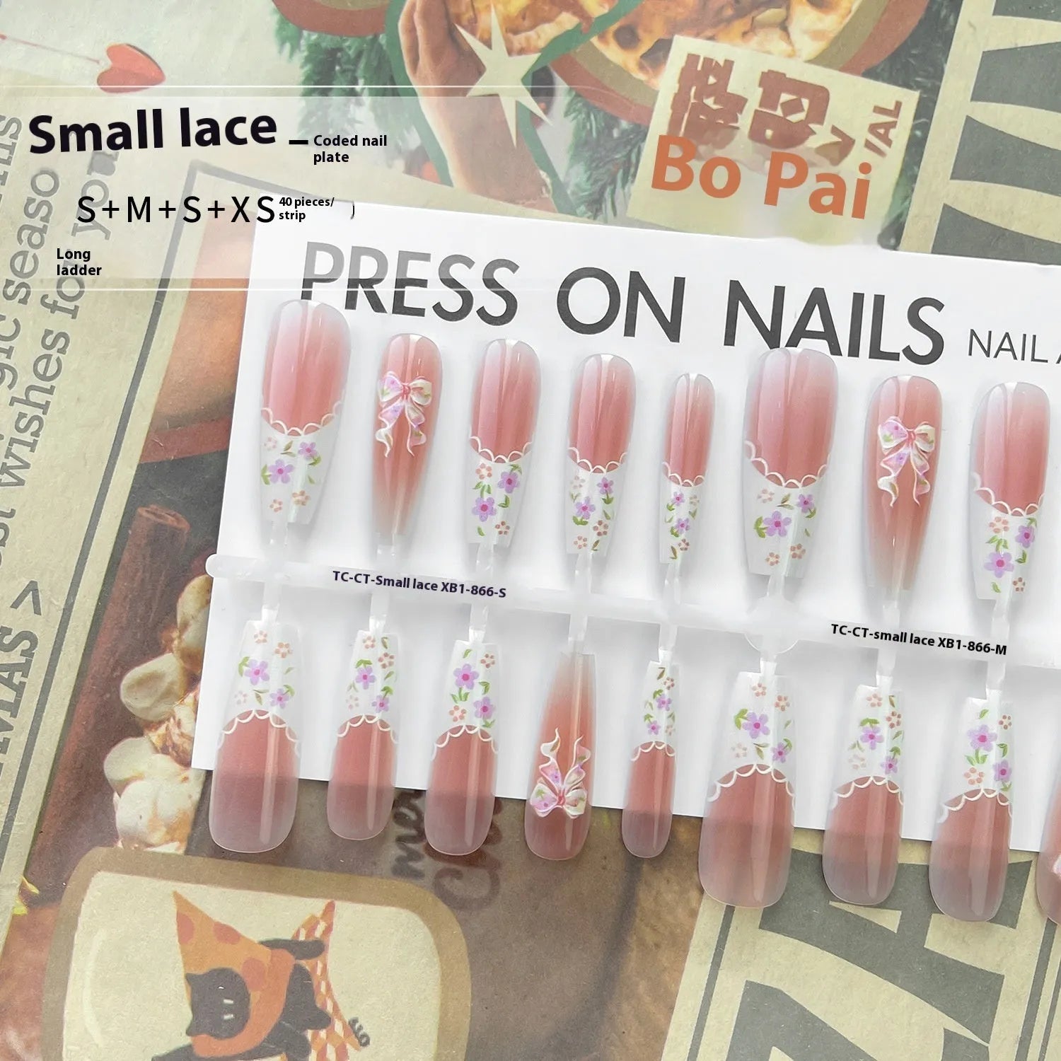 Small floral prefabricated nail tip set with long ladder shape and white velvet seal layer, 40 pieces