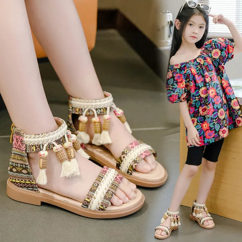 Summer ethnic retro children's Roman sandals with beaded detail, cloth upper, back zipper, in black colour option.