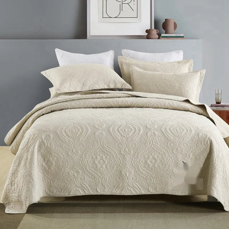 Double-sided pure cotton bed cover three-piece set with embroidery details and matching pillowcases