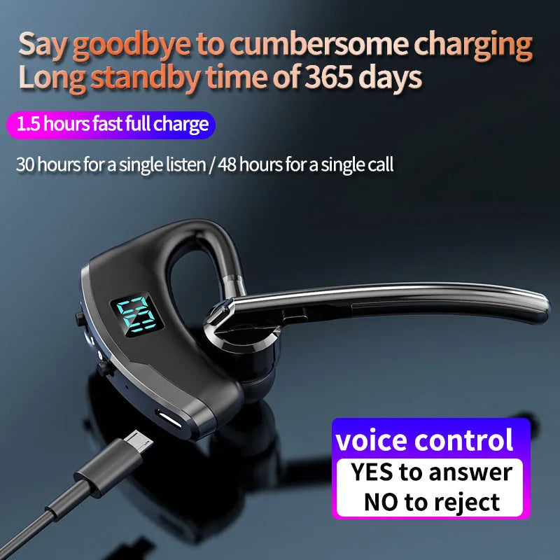 V8S Black wireless Bluetooth headset with digital power display and ear-mounted design
