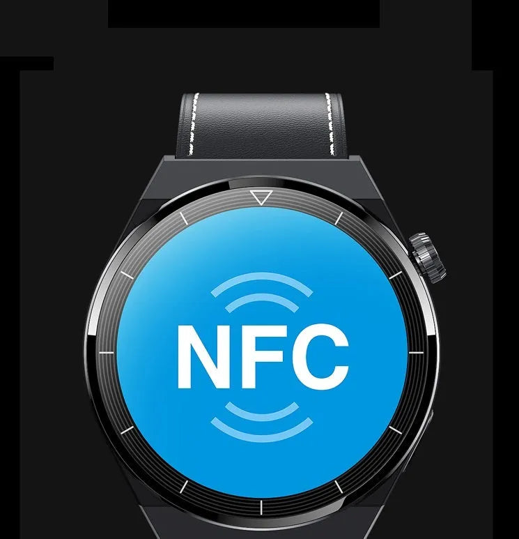Black and silver Android smart watch with round 1.36-inch display, silicone band, Bluetooth and NFC functionality