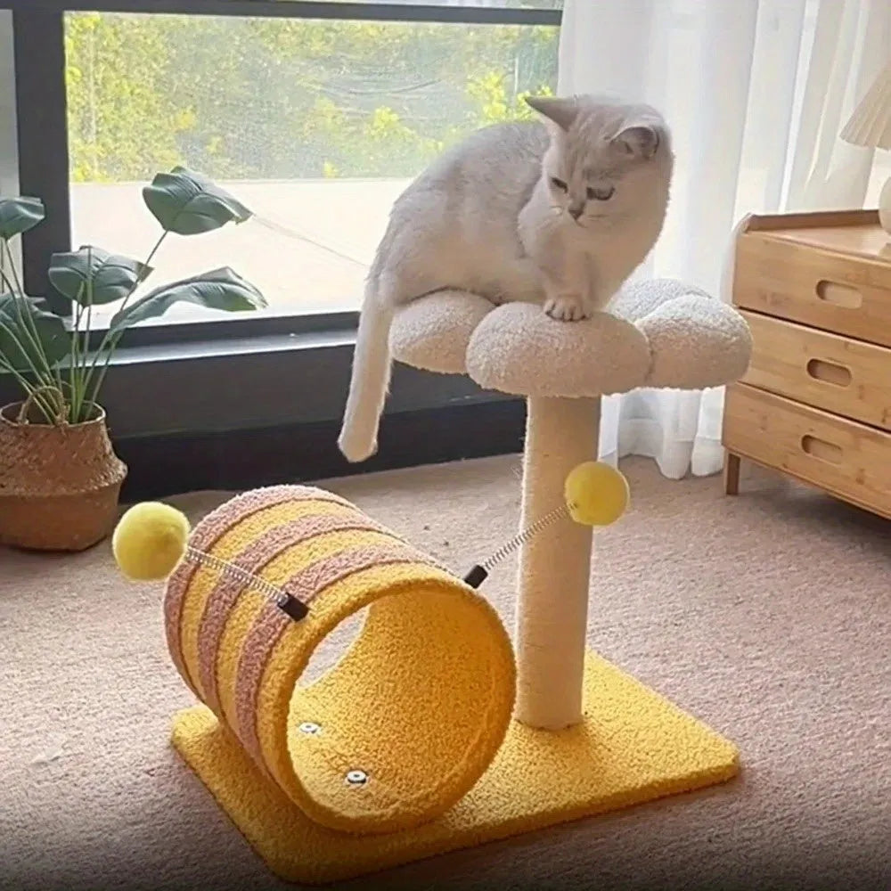 Yellow bee-themed cat climbing frame with sisal scratching post and fabric tunnel