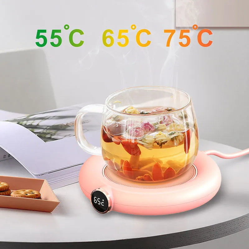 White USB cup warmer pad with LED display and mug on heating plate
