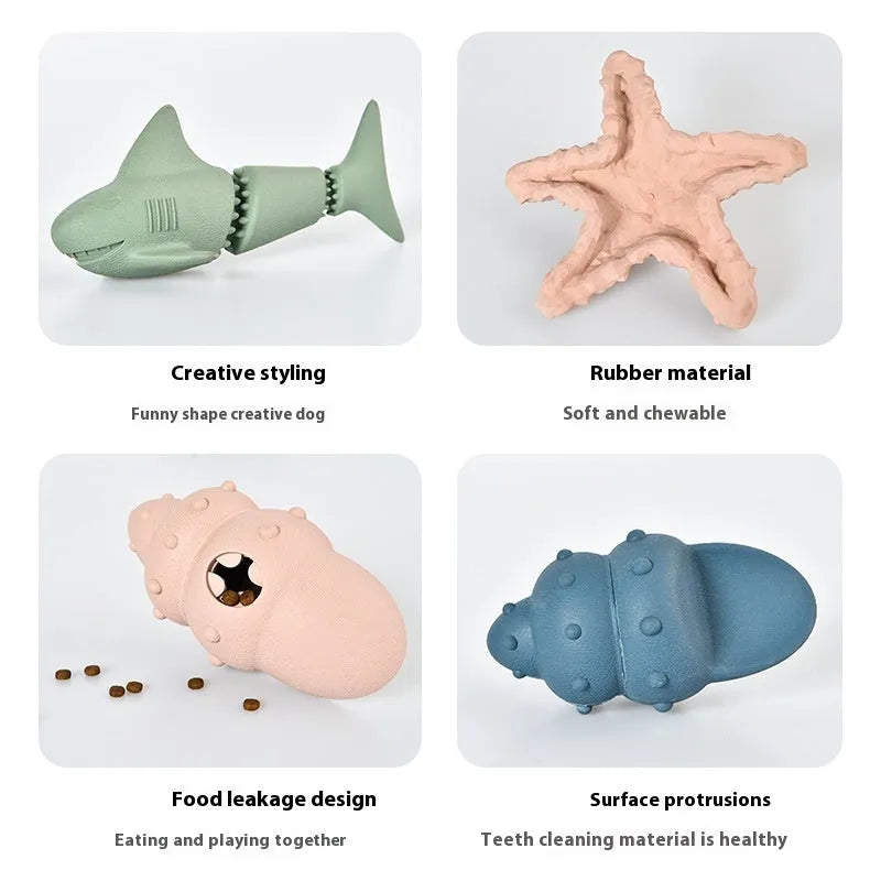 Deep sea shark design rubber dog toy in blue and green colour options