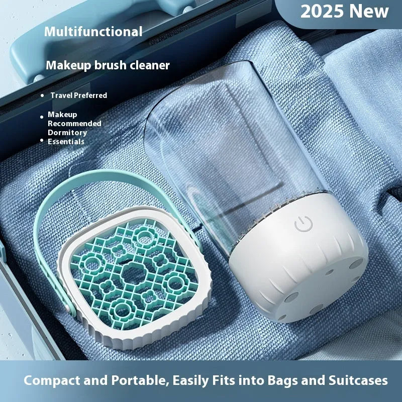 White plastic rechargeable electric cleaning brush for makeup brushes with data cable.