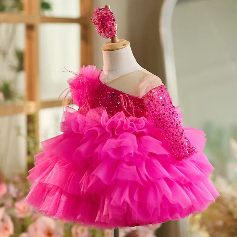 Rose red polyester baby dress with round neck and short sleeves for toddlers