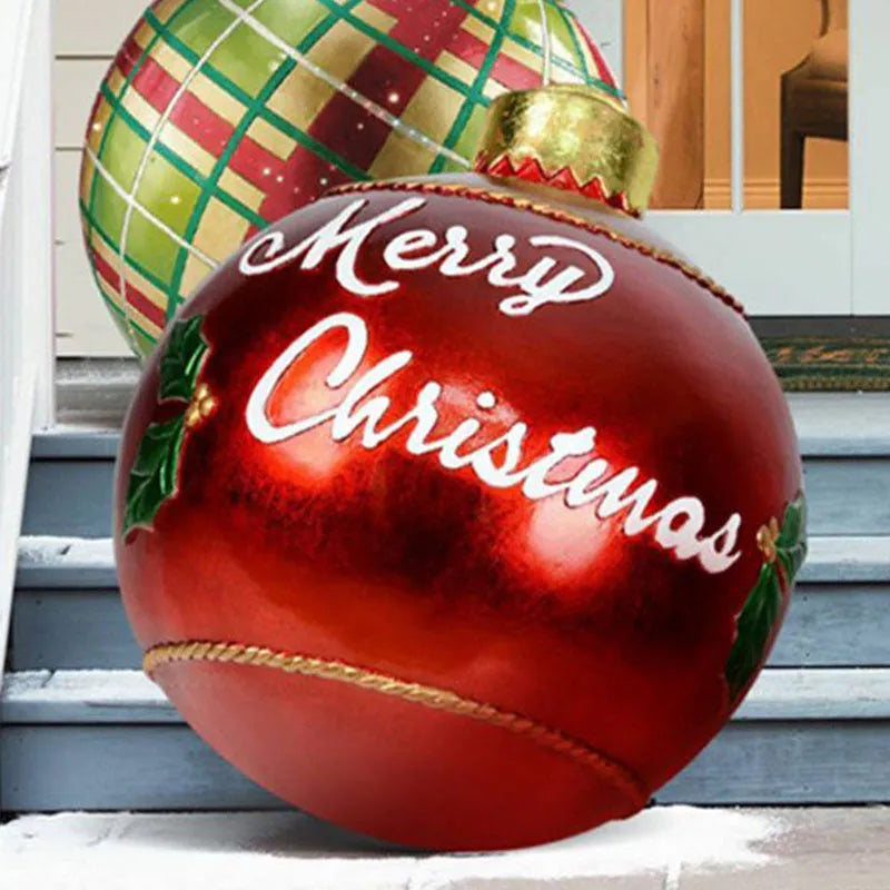 Large 60cm diameter inflatable PVC Christmas decoration ball in bright colours for outdoor use.