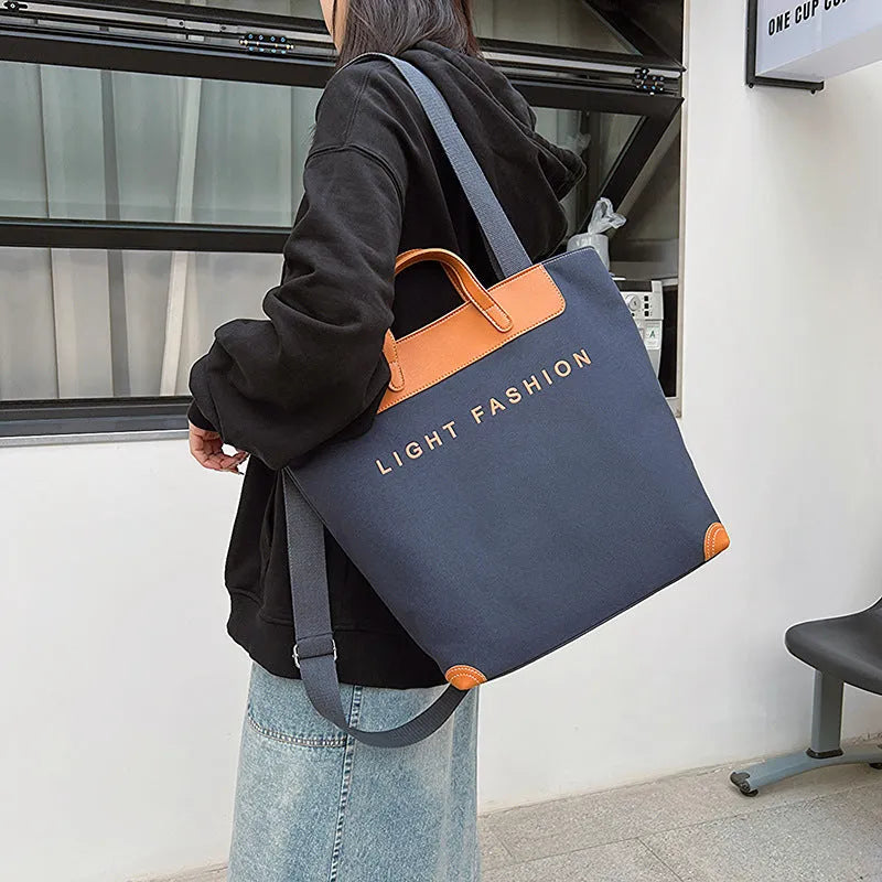 Canvas shoulder bag for women with letter print, large capacity, available in black, grey, white, khaki, and green colours
