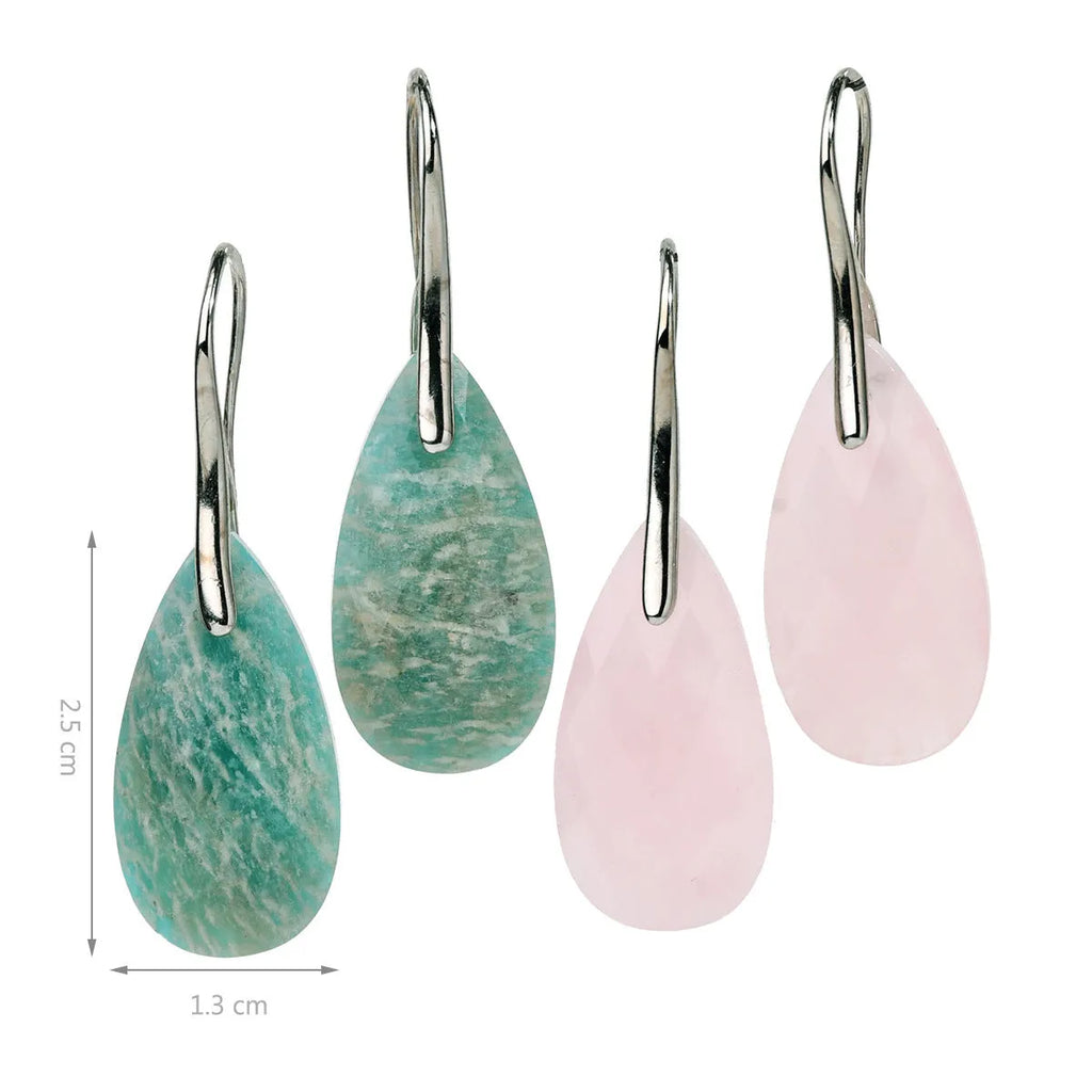 Drop shape earrings for women, pink crystal and green Dongling copper, electroplated finish, Amazonite and pink crystal colour options