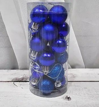 Assortment of 3cm diameter shiny and matte Christmas decoration balls in red, gold, blue, and silver colours.
