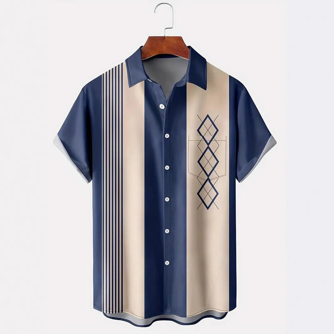 Man modelling a loose-fit plaid short-sleeve cardigan shirt with a lapel neckline.