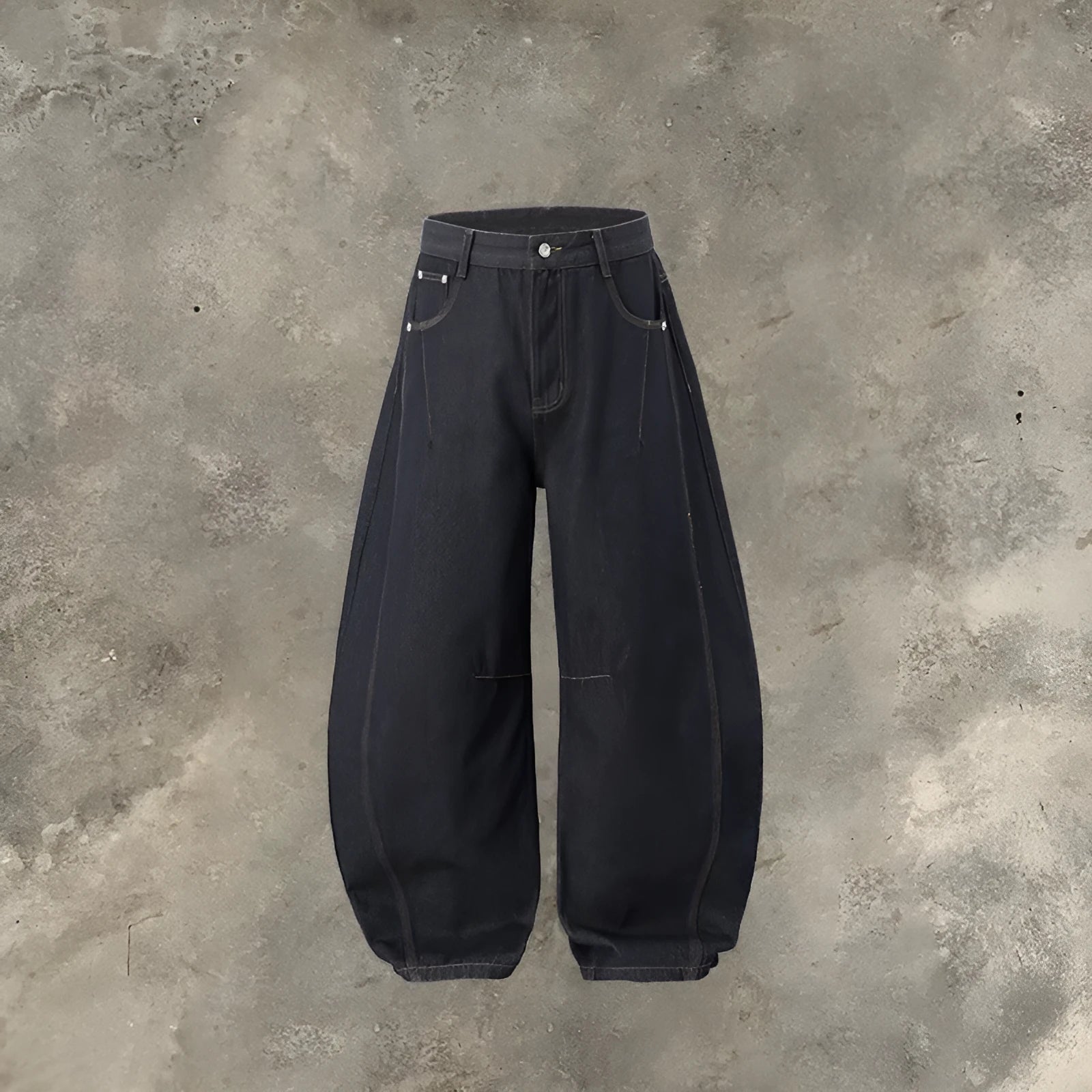 Men's wide leg denim trousers in original cow colour showing relaxed fit and mid waist design.