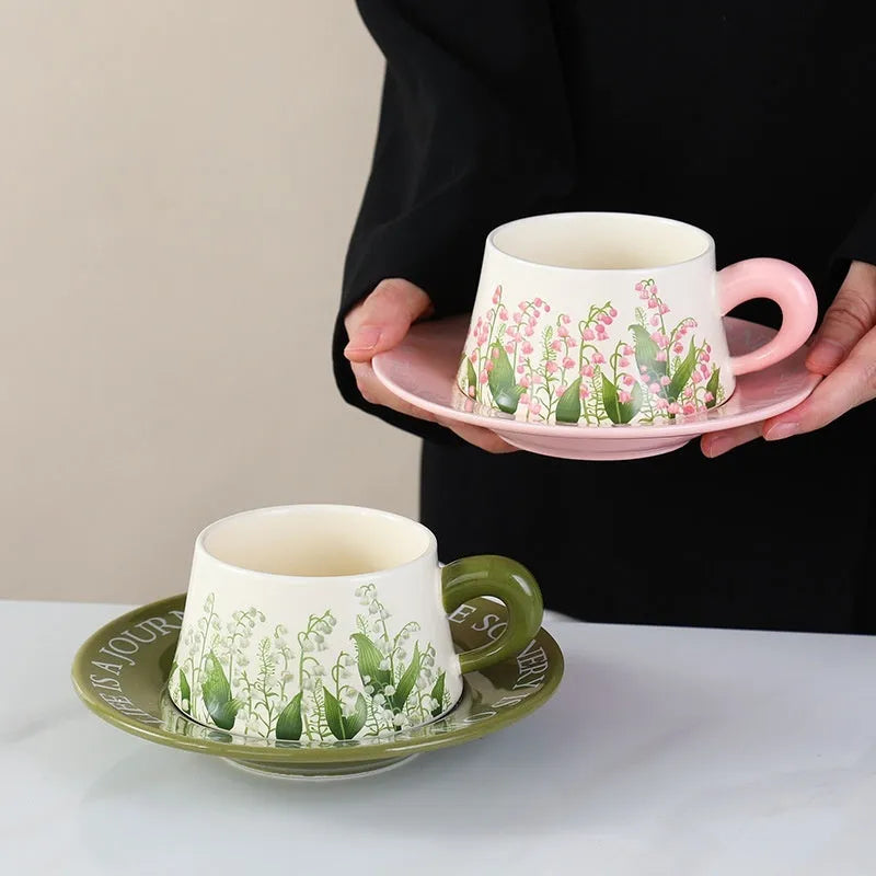 Ceramic coffee cup and saucer set for two people with stirring spoons in Campanula or Lanling Grass designs