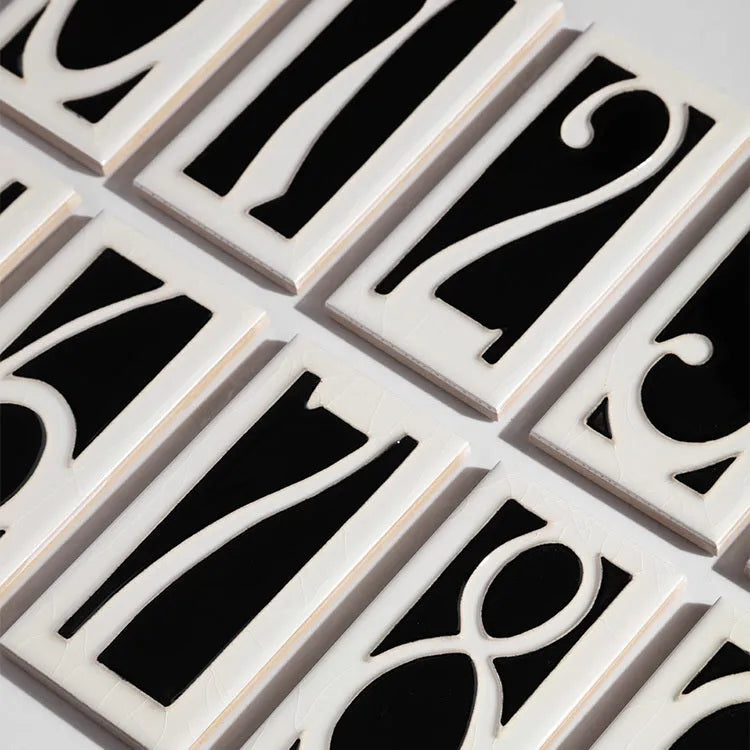 Handmade retro-style ceramic doorplate with white base and blue enamel number 5, showing 76x152mm dimensions.