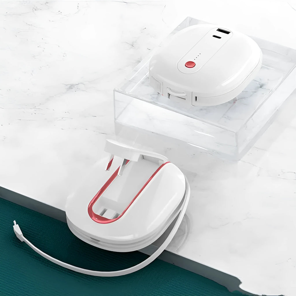 White and black two-in-one power bank with built-in wall plug showing 10000mAh capacity